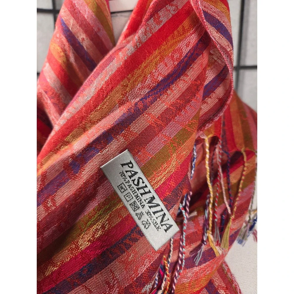 Pashmina‎ Silk Blend Striped Shawl Scarf Red Orange Pink Purple Fringe Wrap